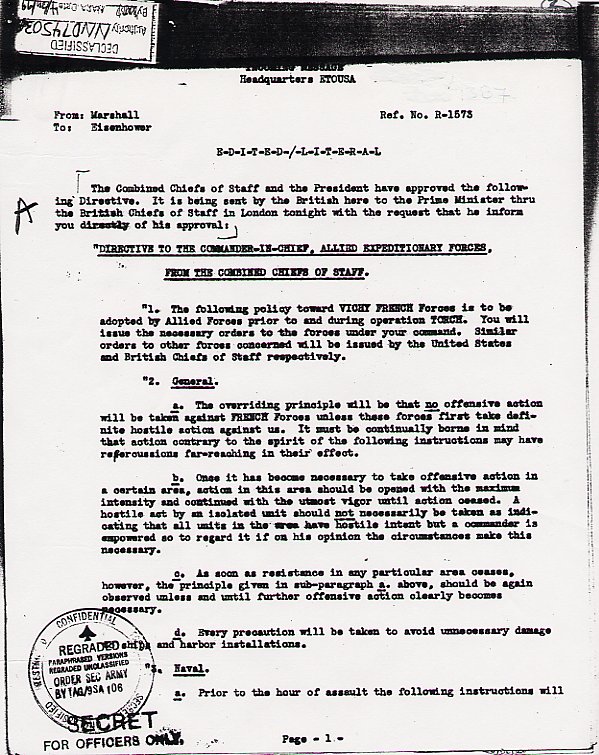 Message from Marshall to Eisenhower regarding rules of engagement in fighting Vichy French forces in Operation TORCH