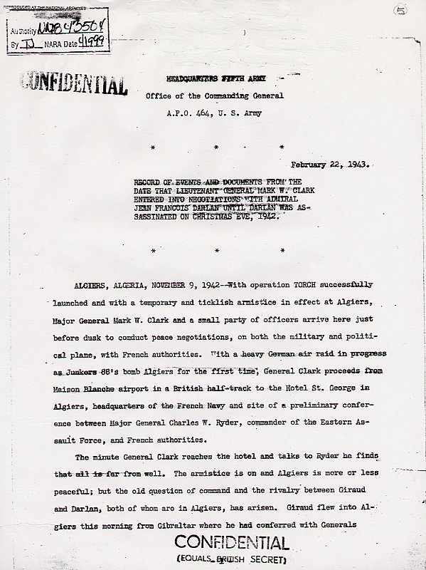 Page 1 of 4: Initial pages of Lt. Gen. Mark W. Clark's official 1943 account of his armistice negotiations with French officials. National Archives. (Chapter 3)
