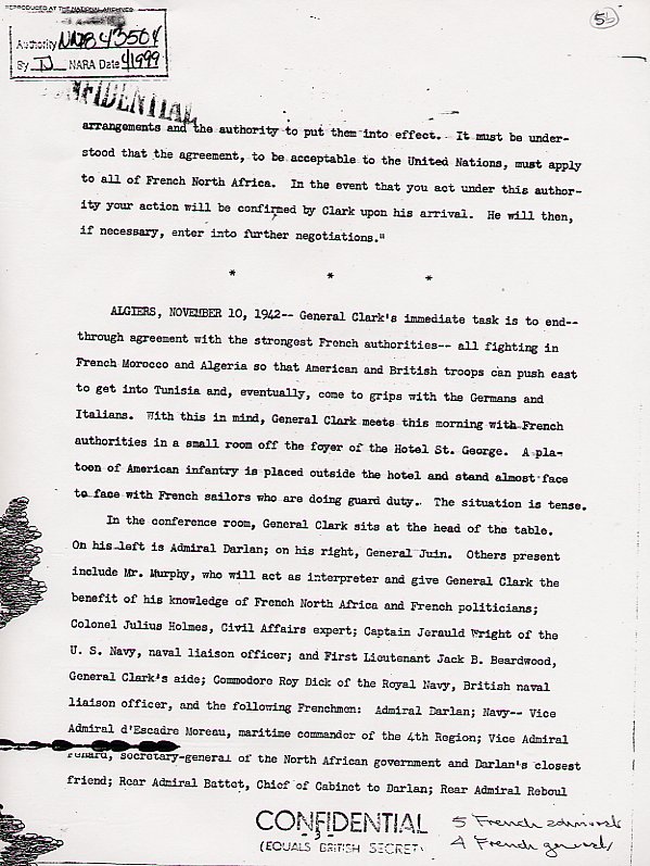 Page 3 of 4: Initial pages of Lt. Gen. Mark W. Clark's official 1943 account of his armistice negotiations with French officials. National Archives. (Chapter 3)