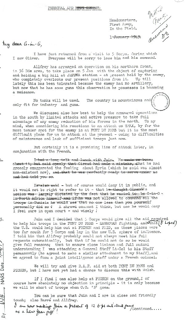 Page 1 of 2: Anderson's letter to Eisenhower on Jan. 1, 1943, a week after failed attempt to take Longstop Hill. Eisenhower Library. (Chapter 6)
