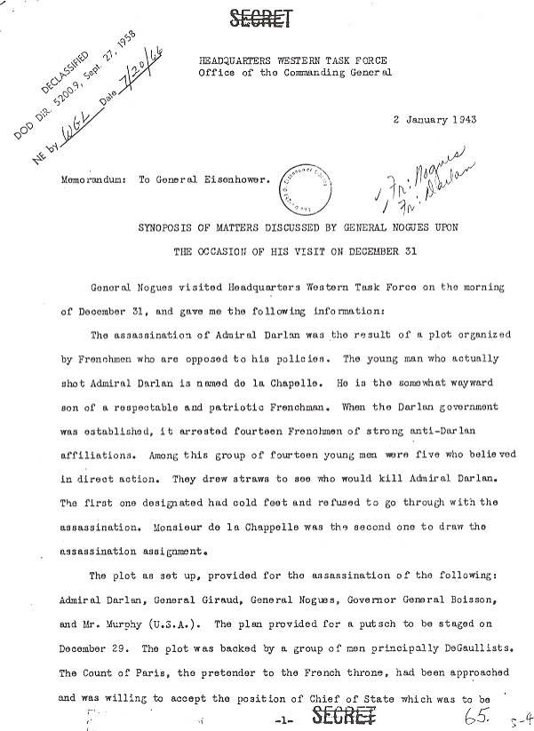 Page 1 of 4: Maj. Gen. George S. Patton's memo to Eisenhower on Jan. 2, 1943, regarding French theories on the assassination of Adm. Darlan. Eisenhower Library. (Chapter 6) 