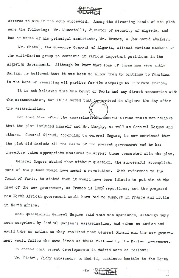 Page 2 of 4: Maj. Gen. George S. Patton's memo to Eisenhower on Jan. 2, 1943, regarding French theories on the assassination of Adm. Darlan. Eisenhower Library. (Chapter 6)