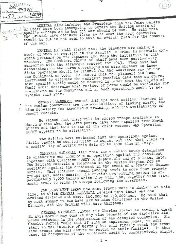Minutes of Jan. 16, 1943 meeting between President Roosevelt and his senior military officers at Casablanca.