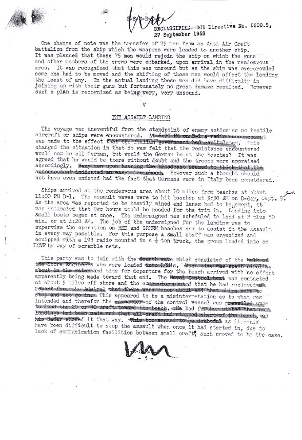 An Oct. 1943 memo by Brig. Gen. John W. O’Daniel, who later commanded the 3rd Infantry Division at Anzio, about the role of the 36th Infantry Division in the amphibious assault at Salerno.