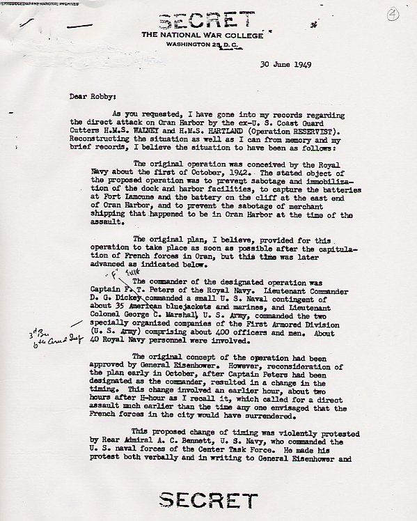 Page 1 of 2: Post-war letter regarding Operation RESERVIST from Maj. Gen. Lyman L. Lemnitzer to Brig. Gen. Paul Robinett, who at the time was assigned to the Army's military history office. National Archives. (Chapter 2)