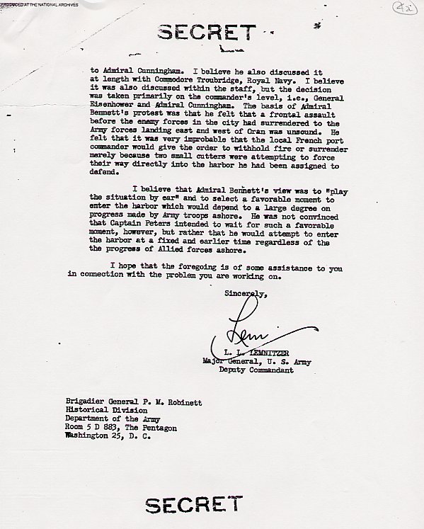 Page 2 of 2: Post-war letter regarding Operation RESERVIST from Maj. Gen. Lyman L. Lemnitzer to Brig. Gen. Paul Robinett, who at the time was assigned to the Army's military history office. National Archives. (Chapter 2)