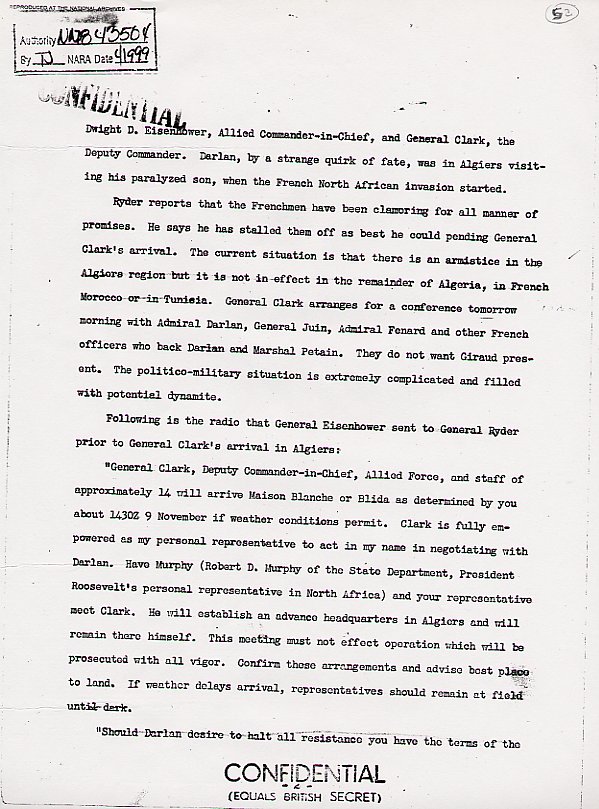 Page 2 of 4: Initial pages of Lt. Gen. Mark W. Clark's official 1943 account of his armistice negotiations with French officials. National Archives. (Chapter 3)