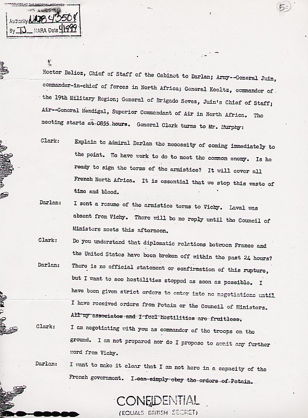 Page 4 of 4: Initial pages of Lt. Gen. Mark W. Clark's official 1943 account of his armistice negotiations with French officials. National Archives. (Chapter 3)
