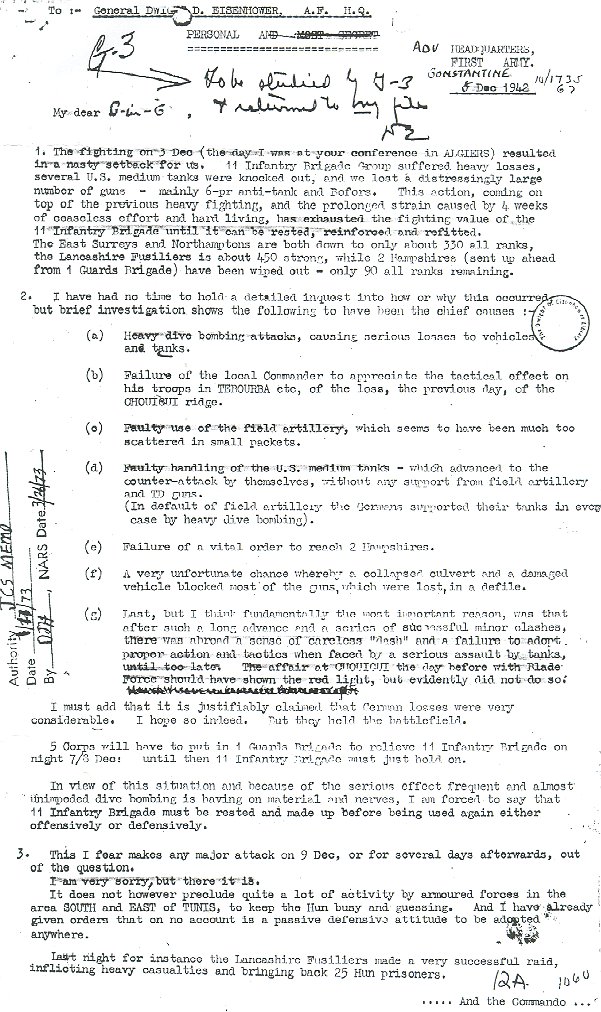 Page 1 of 2: Lt. Gen. Kenneth A.N. Anderson's letter to Eisenhower ("My dear C-in-C") regarding the failed attack at Tebourba in northern Tunisia, in early December 1943. In his handwritten postscript, Anderson apologizes for seeming "rather pessimistic." Dwight D. Eisenhower Presidential Library. (Chapter 5)