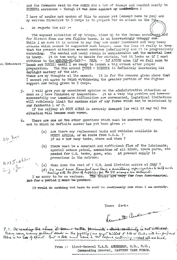 Page 2 of 2: Lt. Gen. Kenneth A.N. Anderson's letter to Eisenhower ("My dear C-in-C") regarding the failed attack at Tebourba in northern Tunisia, in early December 1943. In his handwritten postscript, Anderson apologizes for seeming "rather pessimistic." Dwight D. Eisenhower Presidential Library. (Chapter 5)