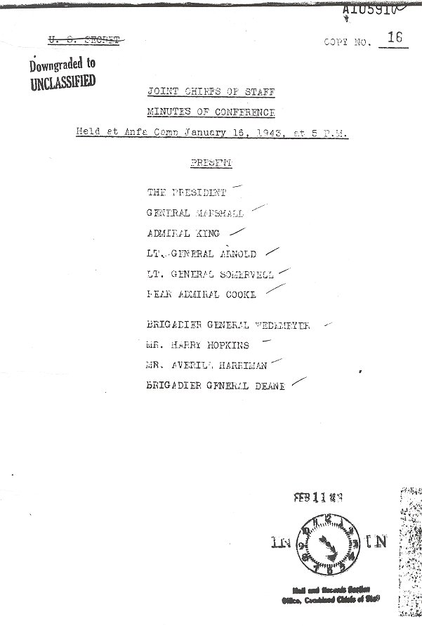 Minutes of Jan. 16, 1943 meeting between President Roosevelt and his senior military officers at Casablanca.