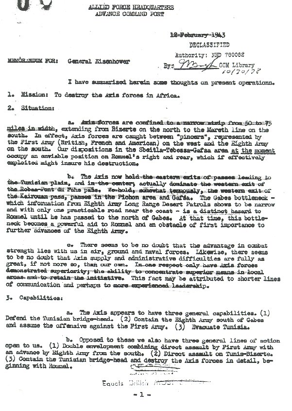 Memo to Eisenhower from Truscott, Feb. 12, 1943