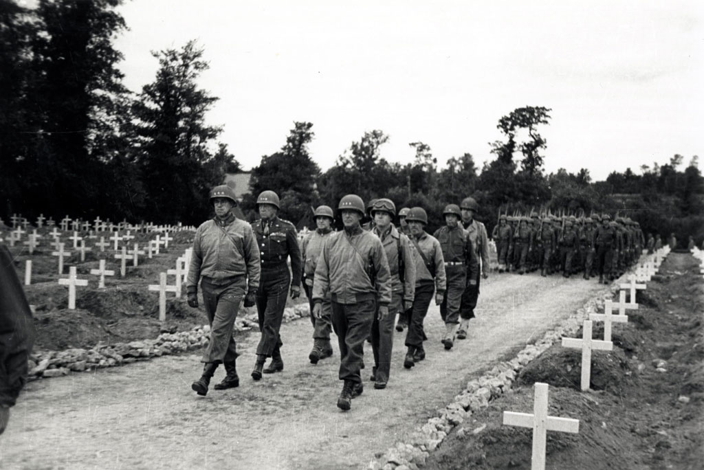Honorary pallbearers at Roosevelt's funeral include Bradley and Lieutenant General George S. Patton at the head of the column on the left, and, on the right, Lieutenant General Courtney H. Hodges and Collins. (U.S. Army Military History Institute)