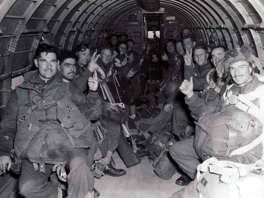 British paratroopers in a C-47 transport plane, bound for Holland in Operation MARKET GARDEN.