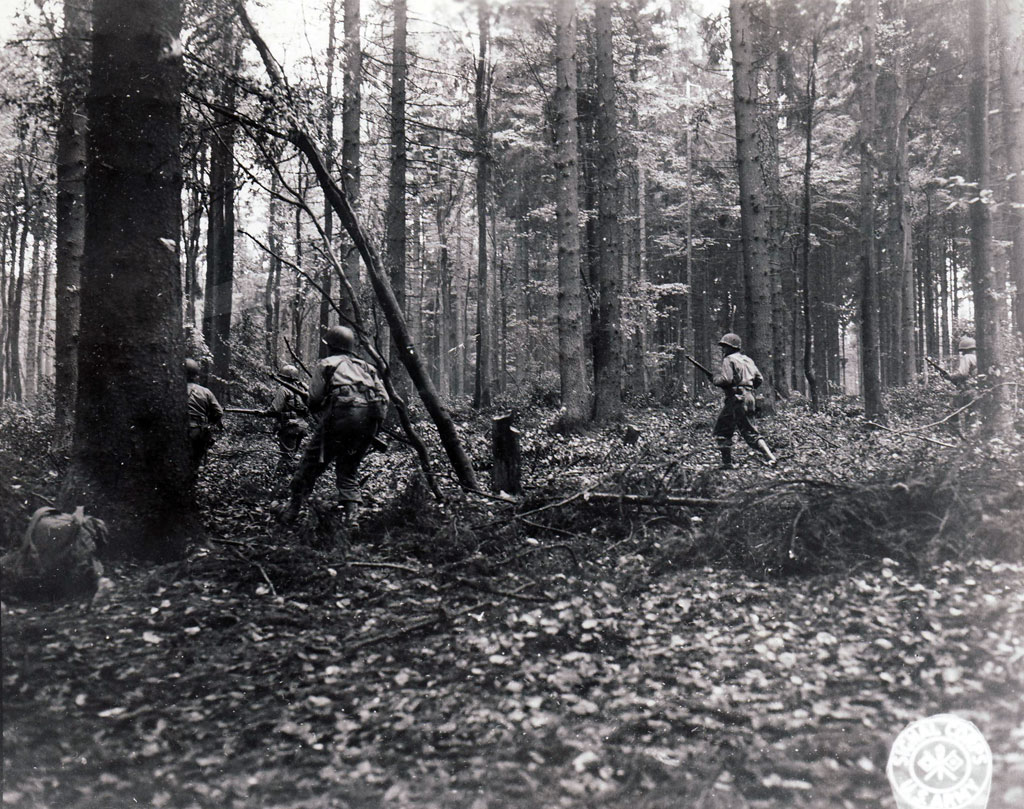 Riflemen from the 110th Infantry of the 28th Division creep through the Huertgen Forest near Vossenack in early November.