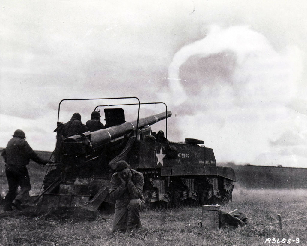 A self-propelled 155mm "Long Tom" pounds enemy targets to the east. After overcoming ammunition shortages early in the summer and fall of 1944, American gunners by early 1945 often fired ten shells or more for every one fired by the enemy.