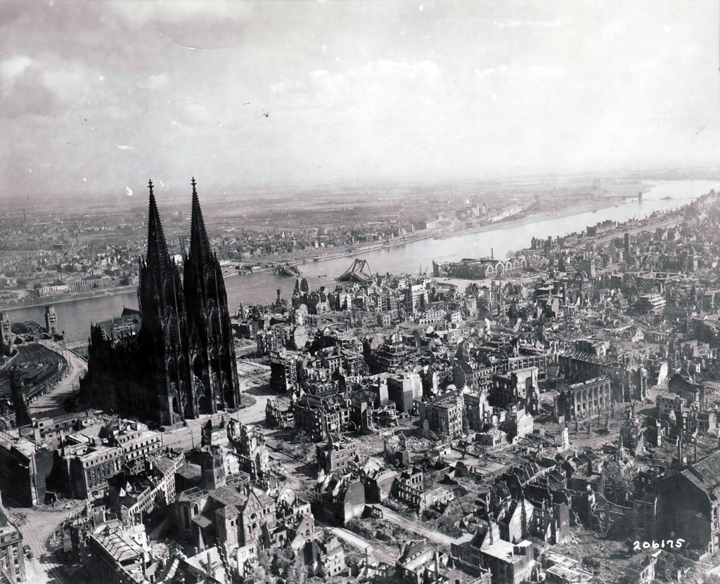 Although the Rhine bridges and thousands of buildings were destroyed, the great cathedral survived. 